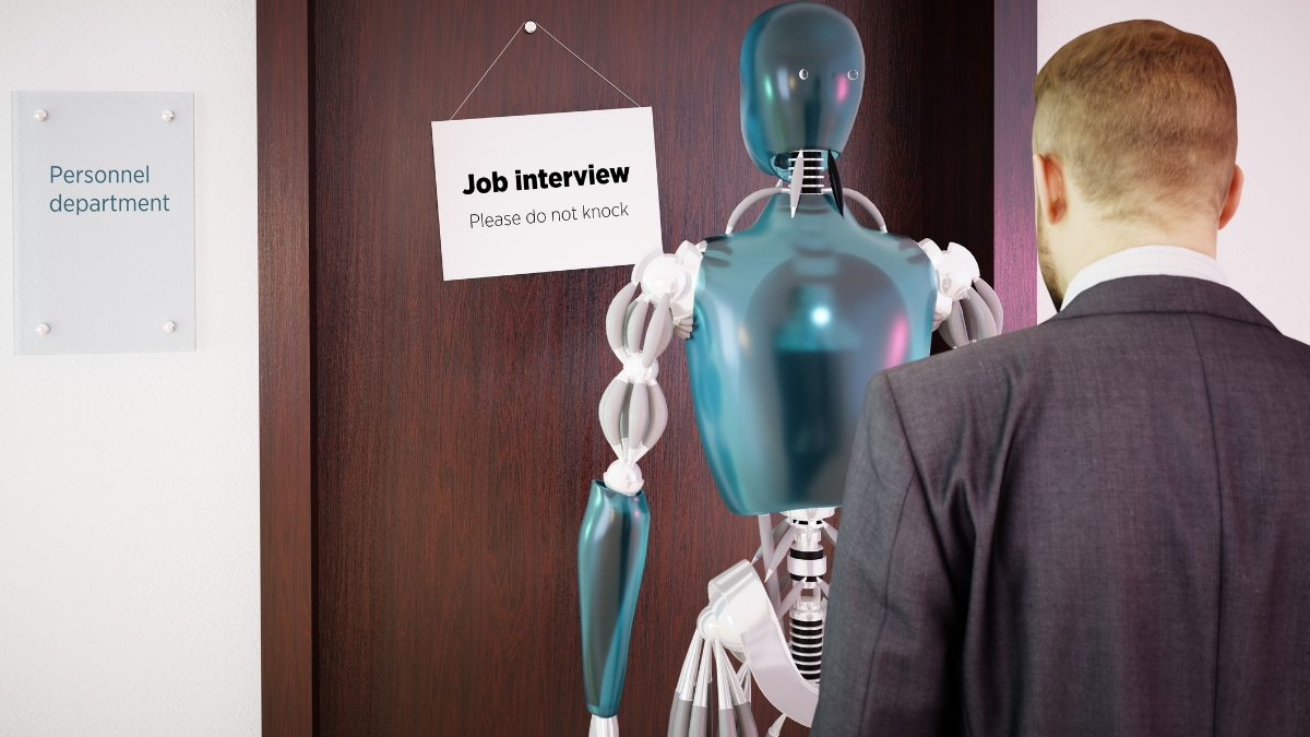 entrevista de trabajo a robot y hombre